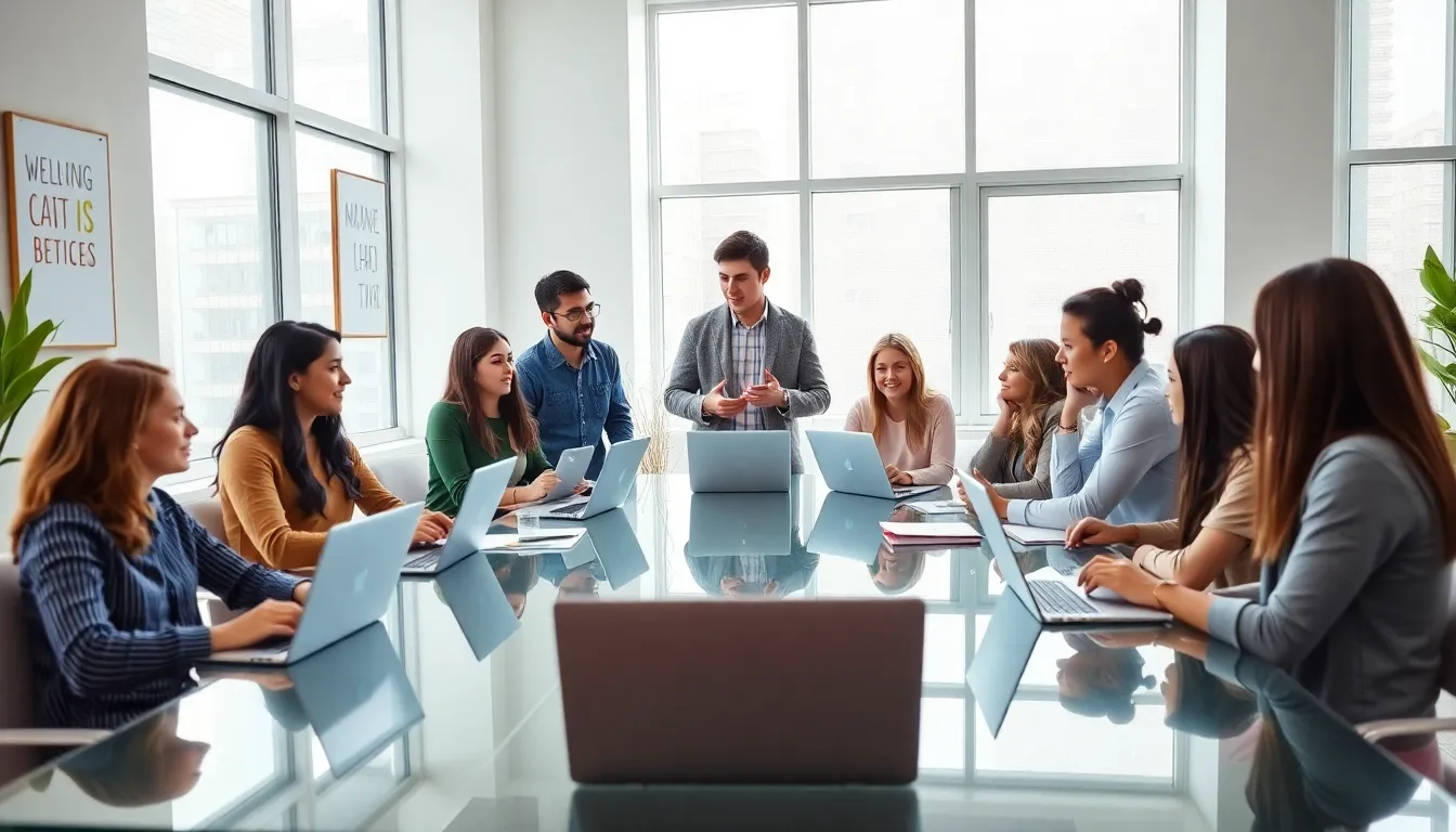 diverse young professionals collaborating in a modern office setting.